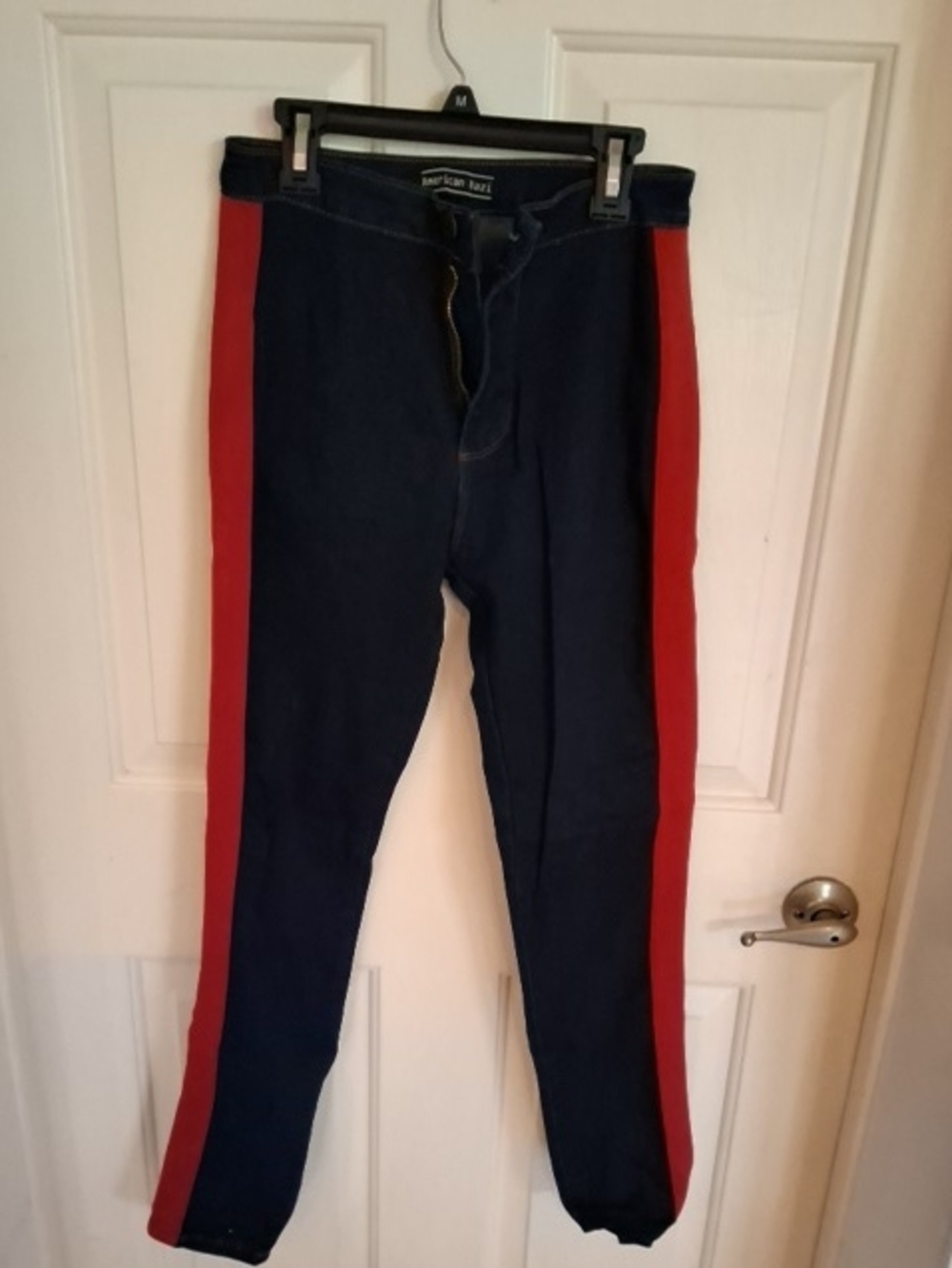 American Rag Menโs Dark Blue Skinny Jeans with Red Side Stripes